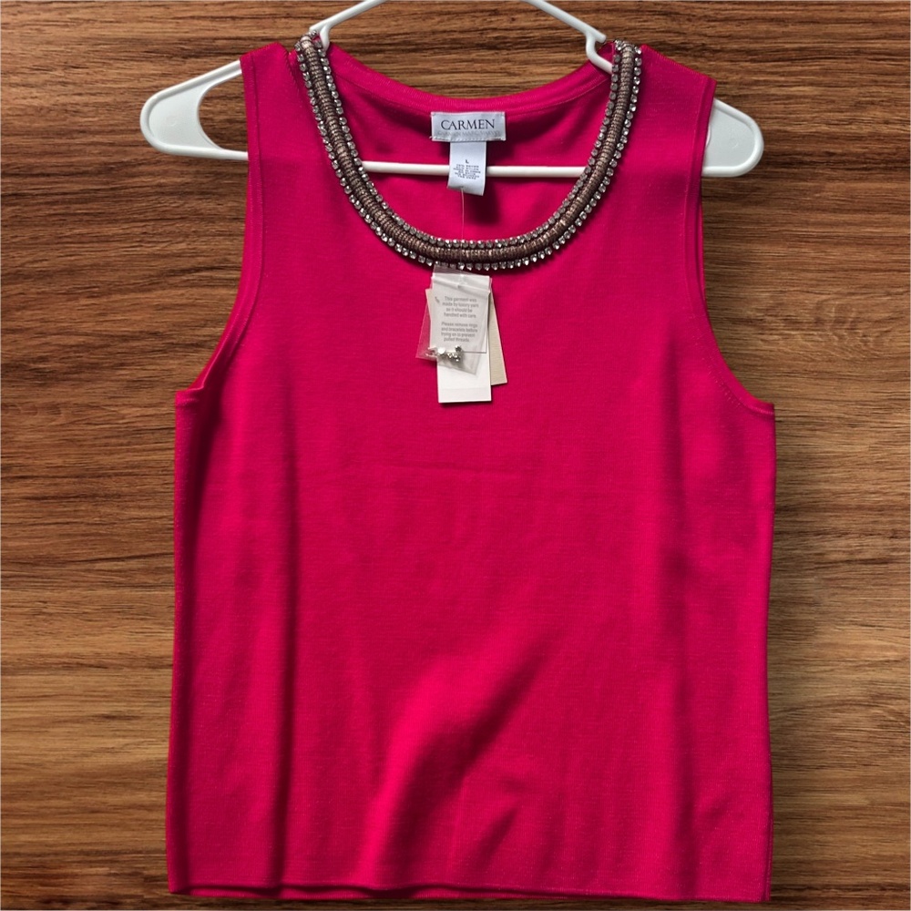 Carmen Marc Valvo NWT Size L Knit Tank Pink Rhinestone Neck Party  $78